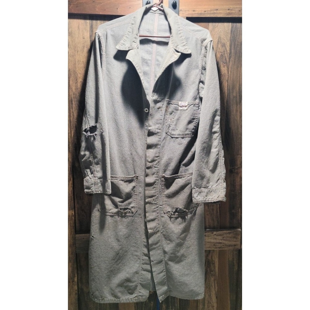 VINTAGE 40S HERCULES GRAY DENIM SHOP‎ COAT UNION MADE SANFORIZED USA DISTRESSED